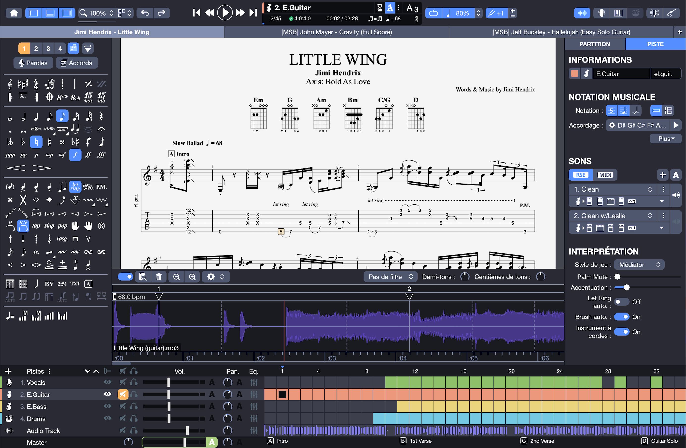 L'interface de Guitar Pro 8 en français : partition et tablature de Little Wing, diagrammes d'accords, piste audio avec forme d'onde et console des pistes